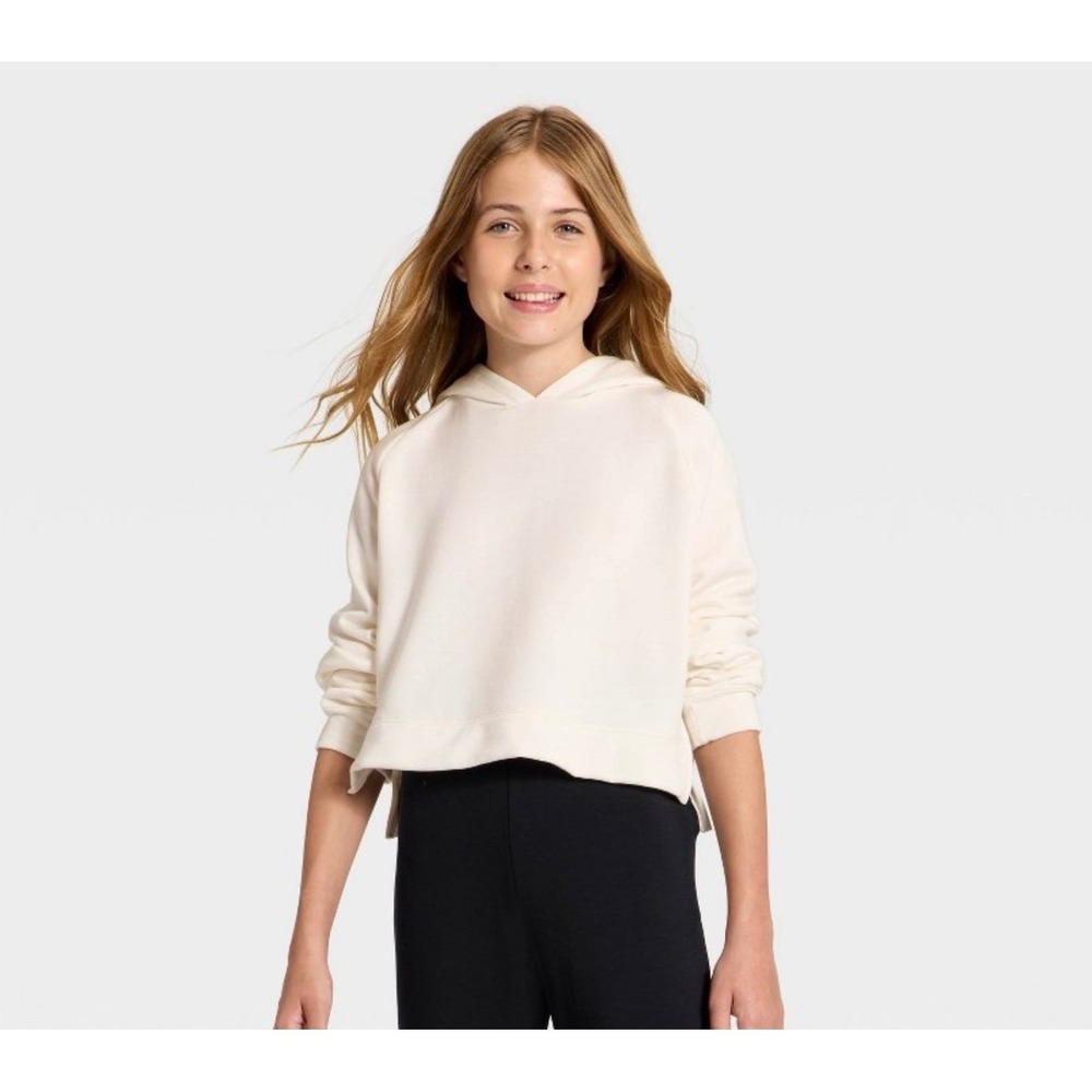 All in Motion Girls Pullover Hoodie Cream Cropped Sweatshirt Size L 10/12 NWT - Picture 1 of 3